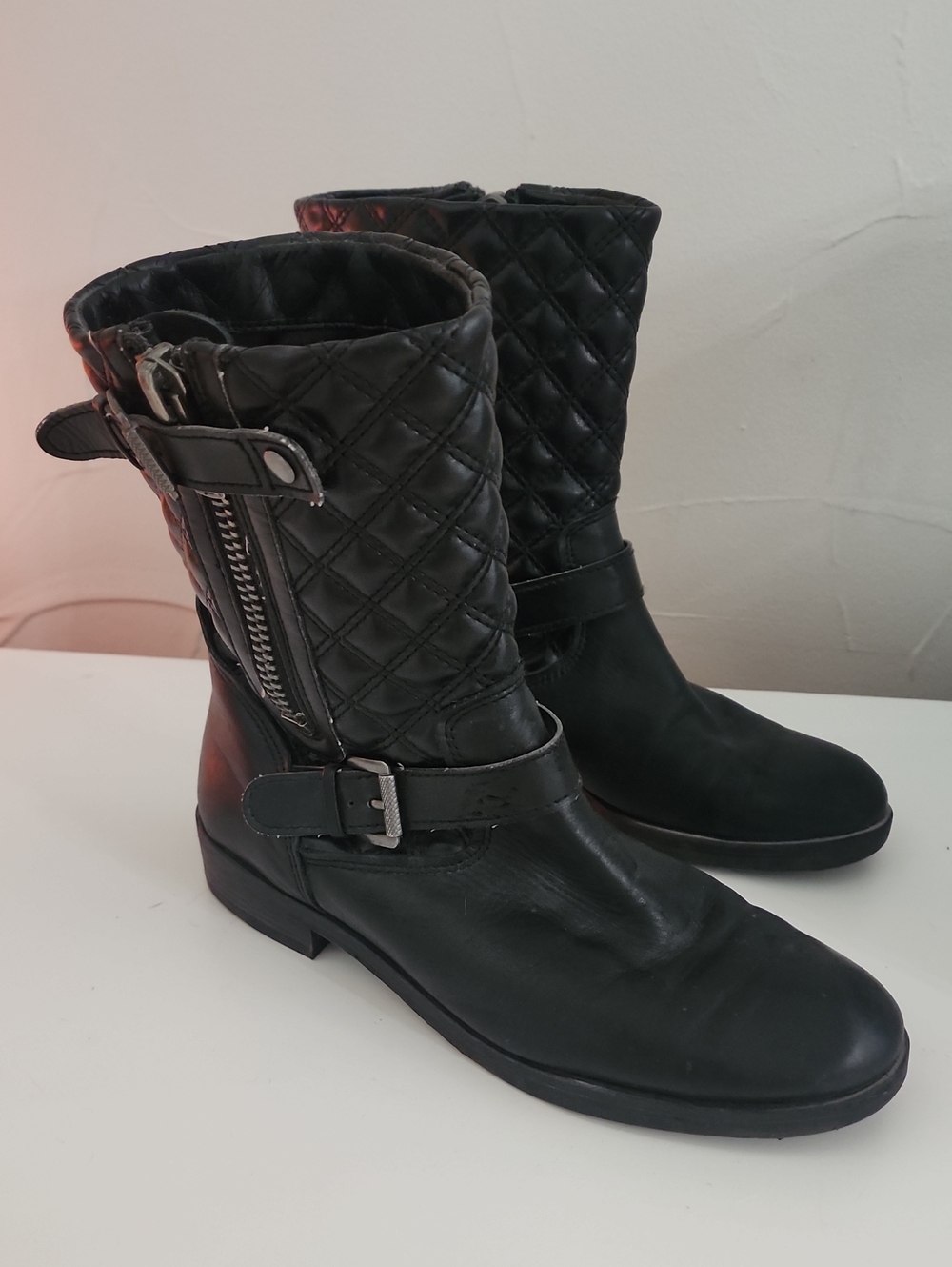 Franco Sarto Black Quilted Mid-Calf Lace-Up Boots